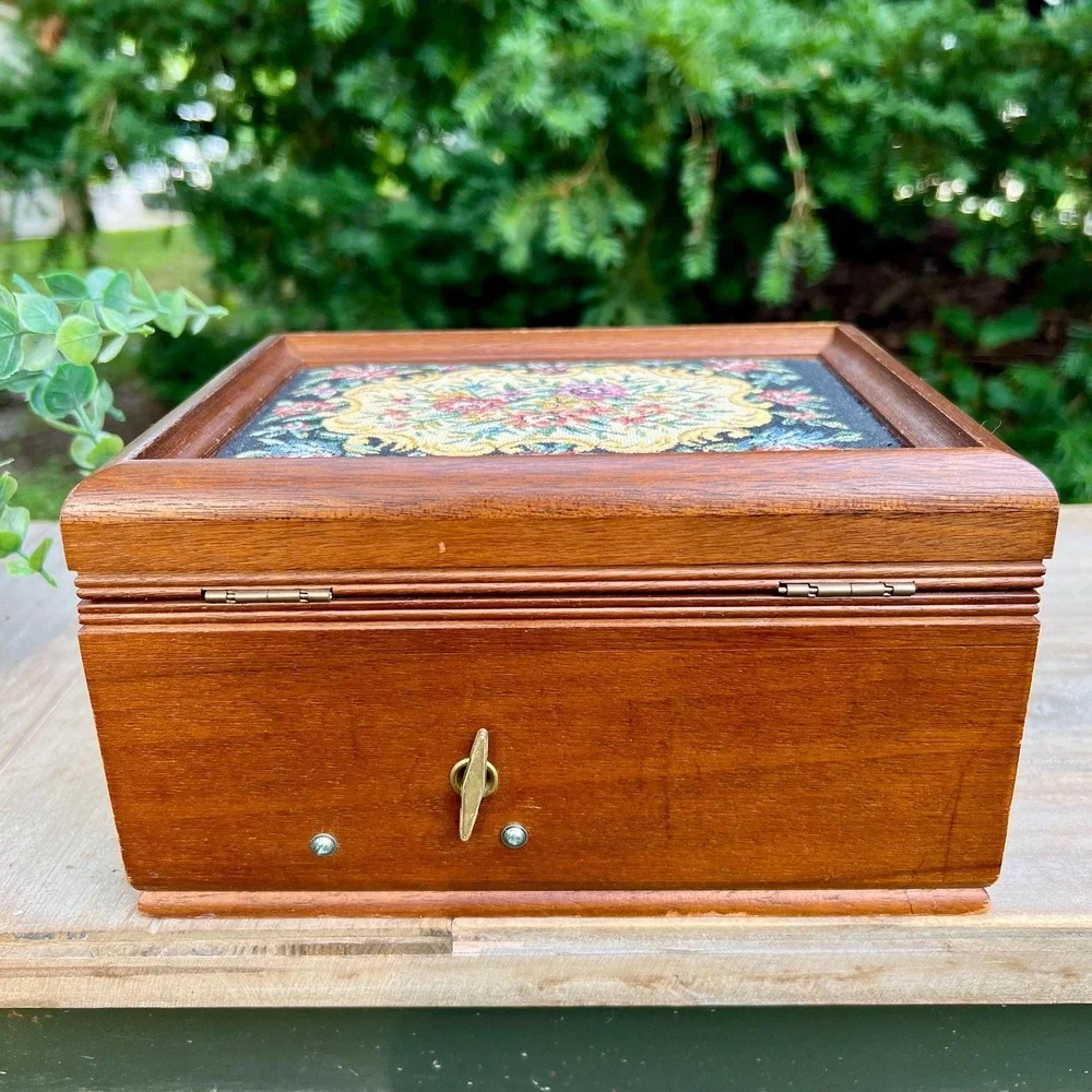 Vintage Floral Tapestry Wood Jewelry Box | Made in Japan